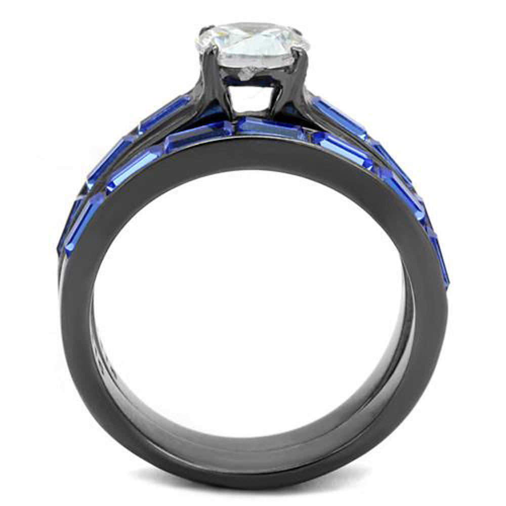 ARTK2845 2.85Ct Clear & Sea Blue Cz Gray Stainless Steel Wedding Ring Set Women's Sz 5-10